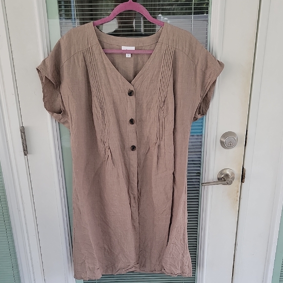 J Jill Love Linen Button Front Pintuck Tan Dress/Tunic Sz XL Petite - Picture 1 of 9